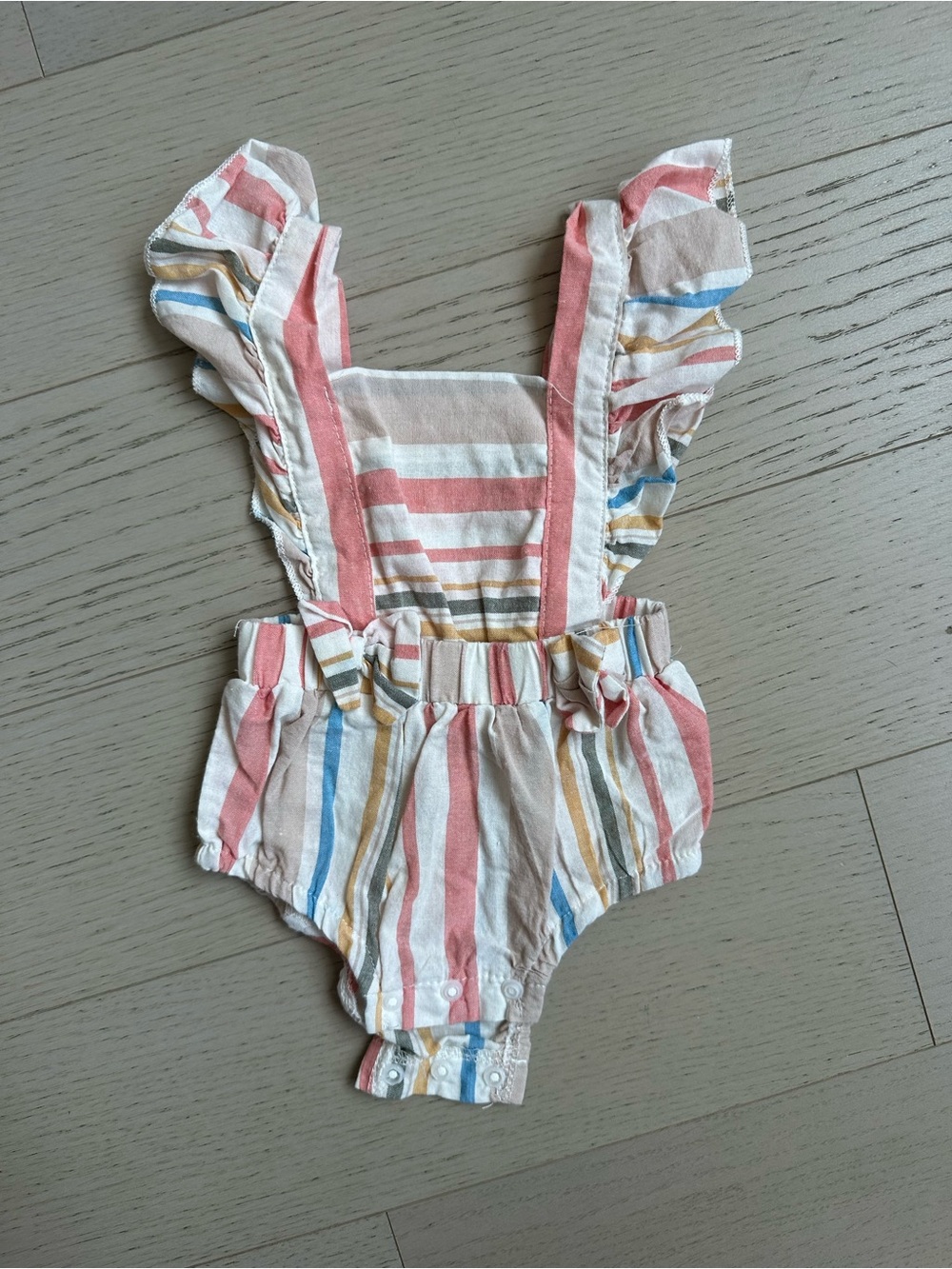 SHEIN Striped Ruffle Overall Romper - Pink, Blue, Yellow, Cream